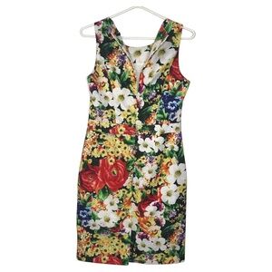 Rose Burg Sleeveless Floral Sheath Dress • Bright Multi-Color Garden Print